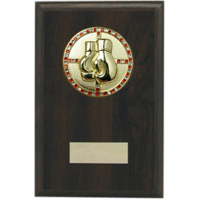 Gemstone metal boxing glove presentation wooden plaque 6'' 